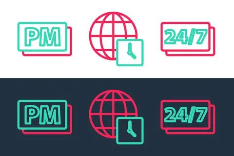 Set line Clock 24 hours, PM and World time icon. Vector Stock Illustration