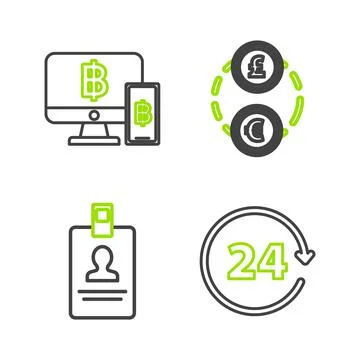 Set line Clock 24 hours, Identification badge, Money exchange and Computer mo Illustrazione stock