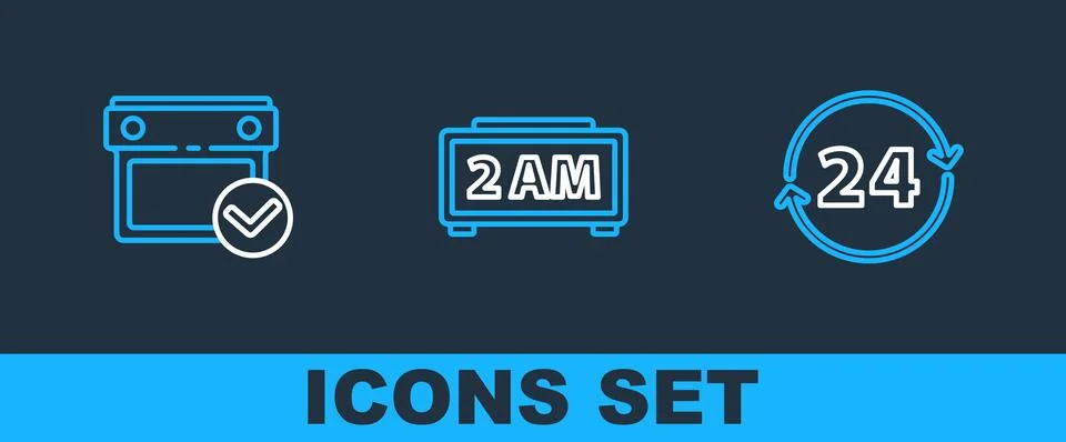 Set line Clock 24 hours, Calendar with check mark and Digital alarm clock icon Illustrazione stock