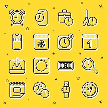 Set line Clock 24 hours, Magnifying glass with clock, Calendar, Work time Stock Illustration