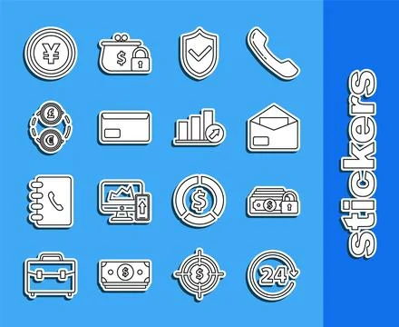 Set line Clock 24 hours, Money with, Envelope, Shield check mark, exchange, Coin Illustrazione stock