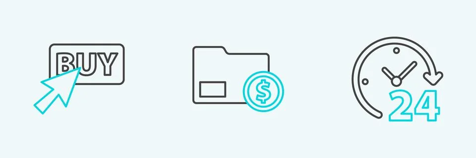 Set line Clock 24 hours, Buy button and Envelope with coin dollar icon. Vector Stock Illustration