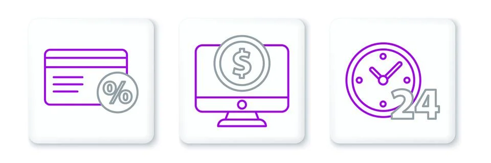 Set line Clock 24 hours, Discount card with percent and Computer monitor dollar Stock Illustration