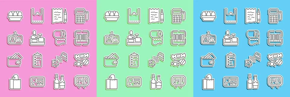 Set line Clock 24 hours, Candy, Scanner scanning bar code, Shopping list pencil Illustrazione stock