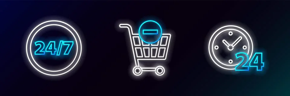 Set line Clock 24 hours, and Remove shopping cart icon. Glowing neon. Vector Illustrazione stock