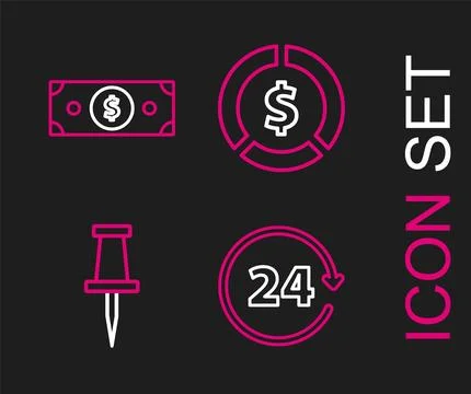 Set line Clock 24 hours, Push pin, Coin money with dollar symbol and Stacks.. Illustrazione stock