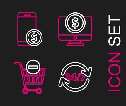 Set line Clock 24 hours, Remove shopping cart, Computer monitor with dollar.. Stock Illustration