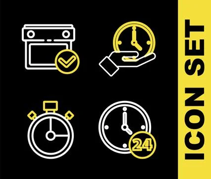 Set line Clock, 24 hours, Stopwatch and Calendar with check mark icon. Vector Stock Illustration
