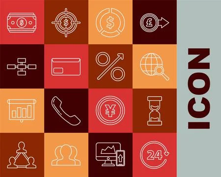 Set line Clock 24 hours, Magnifying globe, Coin money dollar symbol, Envelo.. イラスト素材