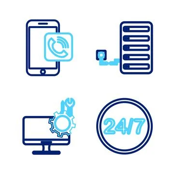 Set line Clock 24 hours, Computer monitor service, Server and Mobile phone .. Stock Illustration