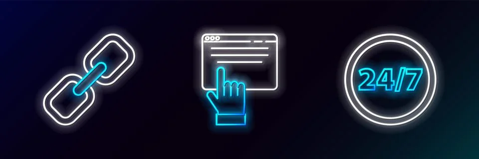 Set line Clock 24 hours, Chain link and Online shopping on screen icon. Glo.. Stock Illustration