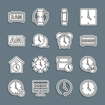 Set line Clock, 24 hours, Digital alarm clock, Smartwatch, speech bubble, A.. Stock Illustration