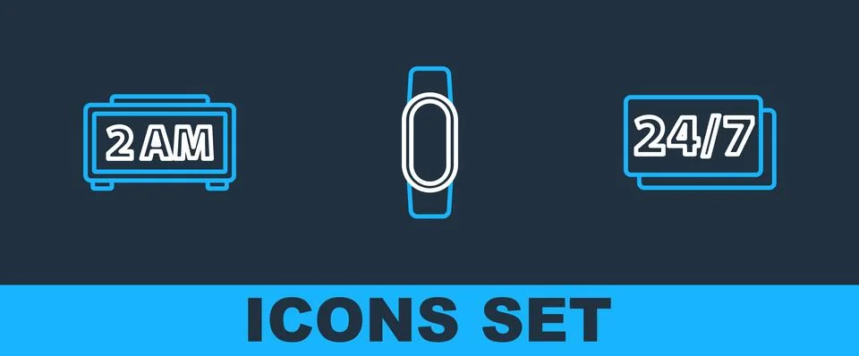 Set line Clock 24 hours, Digital alarm clock and Smartwatch icon. Vector Illustrazione stock
