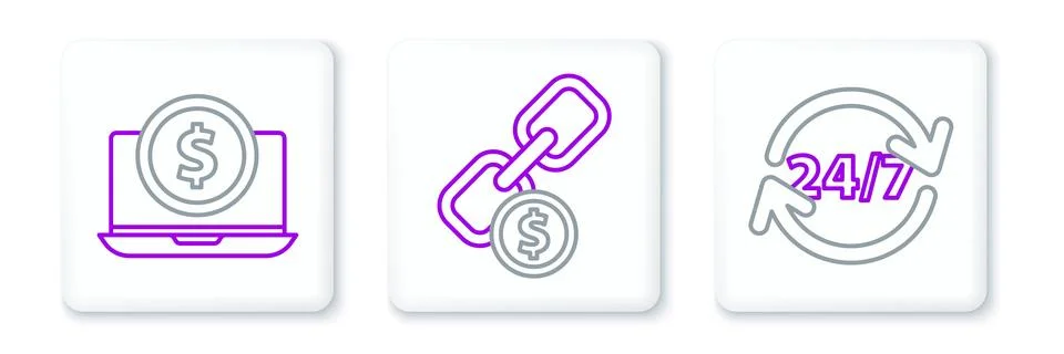Set line Clock 24 hours, Laptop with dollar and Chain link and coin icon. V.. Stock Illustration