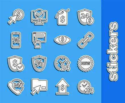 Set line Clock 24 hours, Price tag with New, Chain link, dollar, Online sho.. Stock Illustration