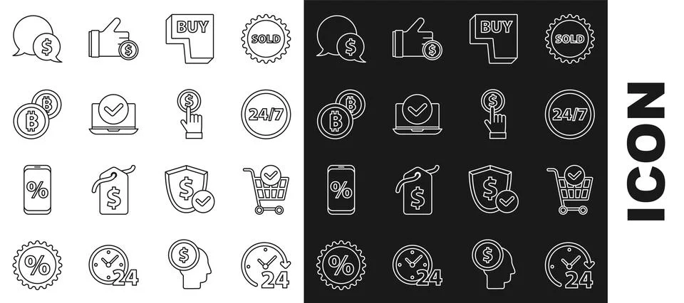 Set line Clock 24 hours, Shopping cart with check mark, Buy button, Laptop,.. Illustrazione stock