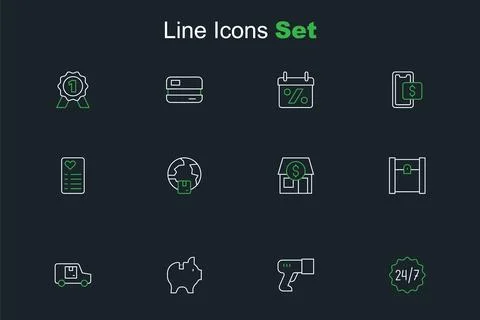 Set line Clock 24 hours, Scanner scanning bar code, Piggy bank, Delivery ca.. Stock Illustration