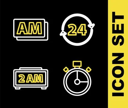 Set line Clock 24 hours, Stopwatch, Digital alarm clock and AM icon. Vector Stock Illustration
