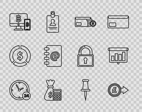 Set line Clock 24 hours, Computer monitor mobile phone and bitcoin, Address.. Stock Illustration