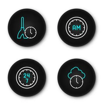 Set line Clock, 24 hours, Morning time and Cleaning icon. Vector Illustrazione stock