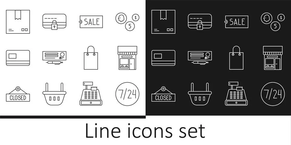 Set line Clock 24 hours, Shopping building or market store, Price tag with .. Ilustración de archivo