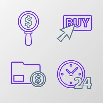 Set line Clock 24 hours, Envelope with coin dollar, Buy button and Magnifyi.. Illustrazione stock