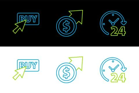 Set line Clock 24 hours, Buy button and Financial growth and coin icon. Vecto Stock Illustration