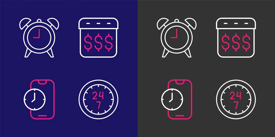 Set line Clock 24 hours, Alarm clock app mobile, Payday, calendar with doll.. Illustrazione stock