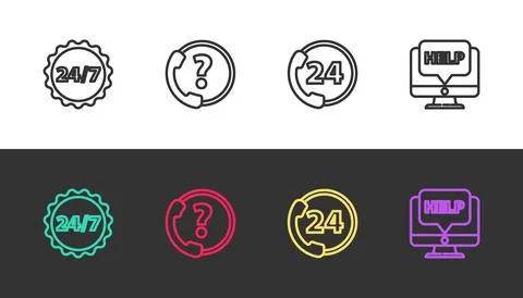 Set line Clock 24 hours, Telephone support,  and Computer monitor and help .. Illustrazione stock