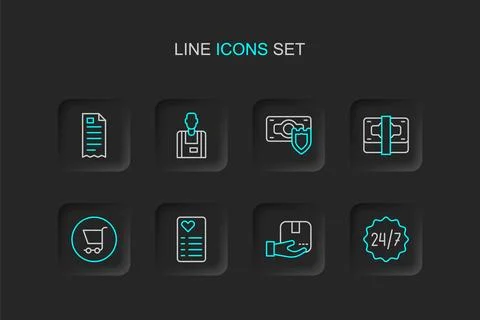 Set line Clock 24 hours, Delivery hand with box, Shopping list, cart, Stack.. Stock Illustration