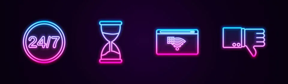 Set line Clock 24 hours, Hourglass, No Internet connection and Dislike. Glowi 스톡 일러스트