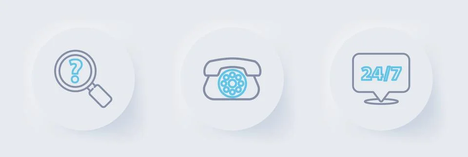 Set line Clock 24 hours, Telephone and Unknown search icon. Vector Stock Illustration