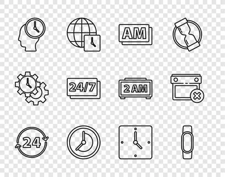 Set line Clock 24 hours, Smartwatch, AM, Time Management,  and Calendar dat.. 스톡 일러스트