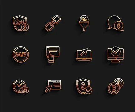 Set line Clock 24 hours, Online shopping on screen, Shield with dollar, Cry.. Stock Illustration
