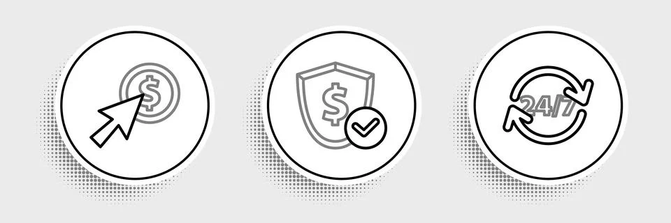 Set line Clock 24 hours, Cursor and coin and Shield with dollar icon. Vector Stock Illustration