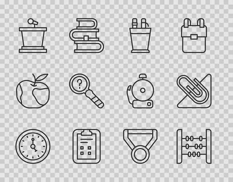 Set line Clock, Abacus, Pencil case stationery, Exam sheet with check mark Illustrazione stock