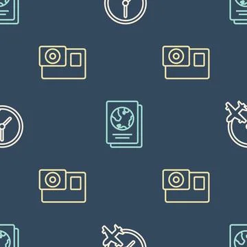 Set line Clock with airplane, Action camera and Passport on seamless pattern. Stock Illustration