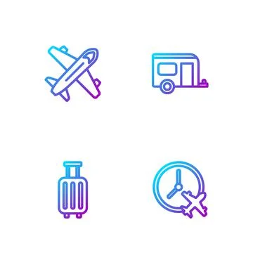 Set line Clock with airplane, Suitcase, Plane and Rv Camping trailer. Gradient Illustration