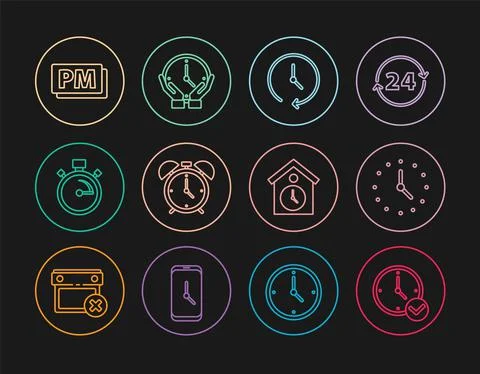 Set line Clock, Alarm clock, Stopwatch, PM, Retro wall and icon. Vector Stock Illustration