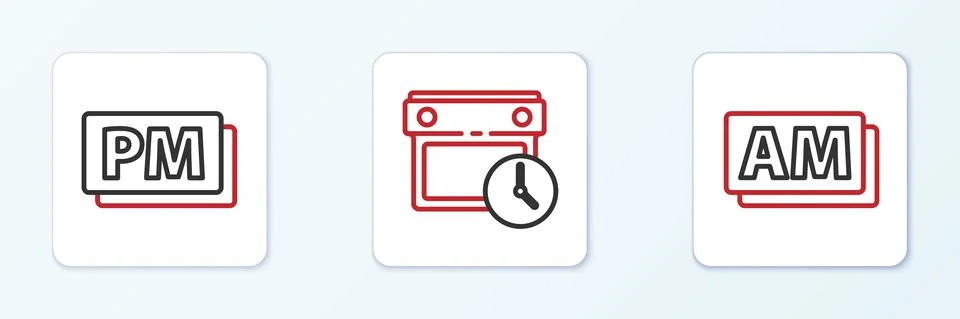 Set line Clock AM, PM and Calendar and clock icon. Vector Stock Illustration