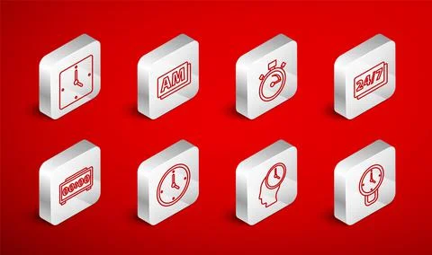 Set line Clock, AM, Stopwatch, 24 hours, Time Management, and Digital alarm Stock Illustration