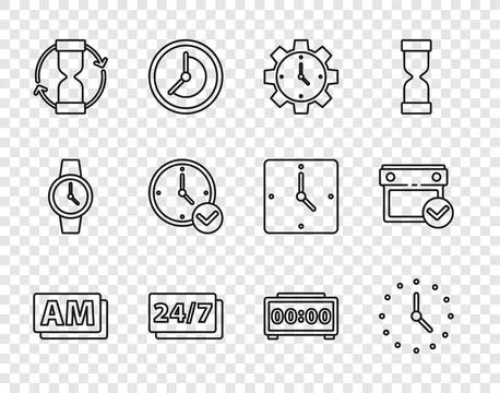 Set line Clock AM, Time Management, 24 hours, Old hourglass, Digital alarm .. Illustrazione stock