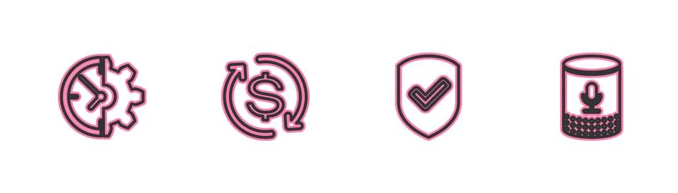 Set line Clock and gear, Shield with check mark, Return of investment and Voice Stock Illustration