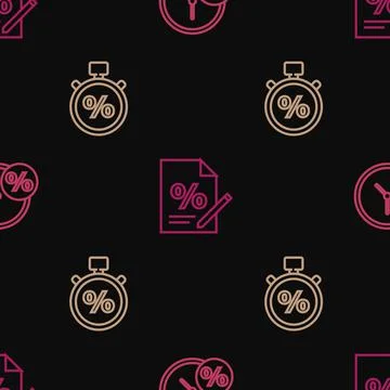 Set line Clock and percent, Stopwatch and Finance document on seamless pattern Stock Illustration