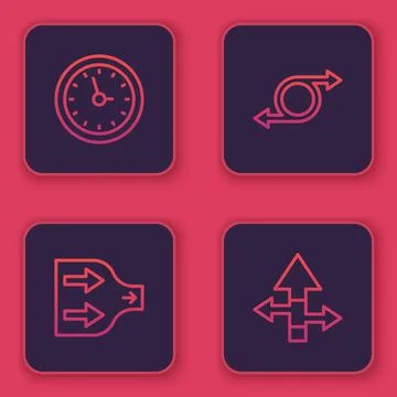Set line Clock, Arrow, and . Blue square button. Vector Stock Illustration