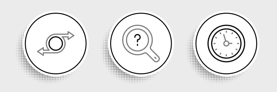 Set line Clock, Arrow and Unknown search icon. Vector Stock Illustration