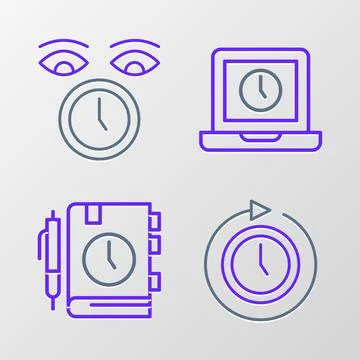 Set line Clock with arrow, Daily paper notepad, Laptop time and icon. Vector Illustrazione stock
