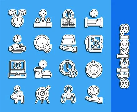 Set line Clock, with arrow, Daily paper notepad, Time is money, shield, Foo.. Stock Illustration