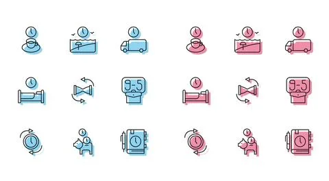Set line Clock with arrow, Piggy bank coin, Coffee time, Daily paper notepa.. Stock Illustration