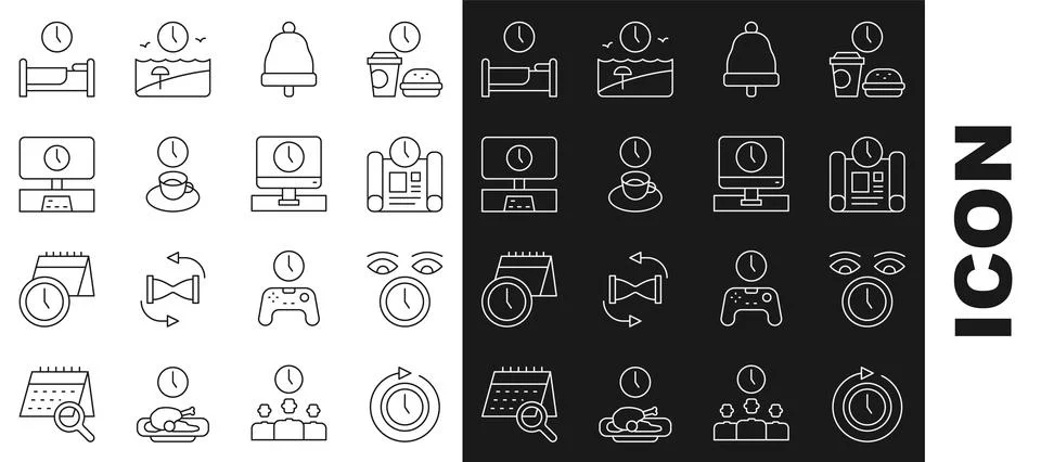 Set line Clock with arrow, Project time plan, Ringing bell, Coffee, Smart Tv Illustrazione stock